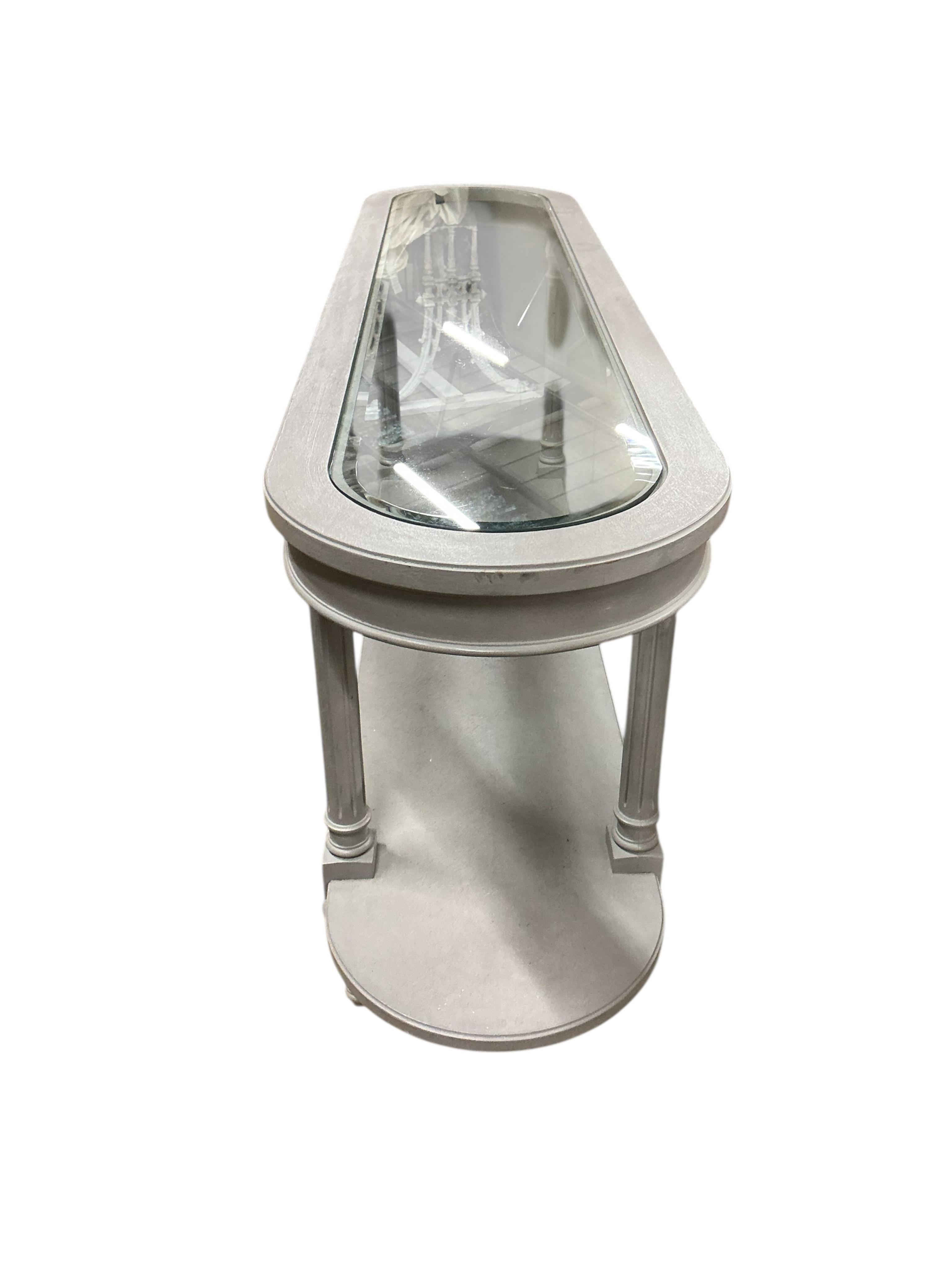 A painted two tier glass top console table, width 146cm, depth 35cm, height 67cm